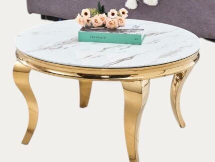 Table Basse Ronde, Marbre Blanc, noir, Métal doré, argenté - Meublei