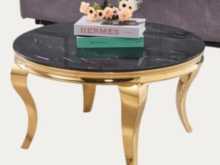 Table Basse Ronde, Marbre Blanc, noir, Métal doré, argenté - Meublei