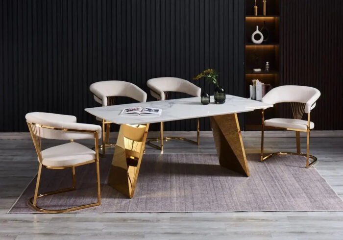 Ensemble Table à Manger et Chaises en Velours avec Piètement en Acier Gold - Meublei