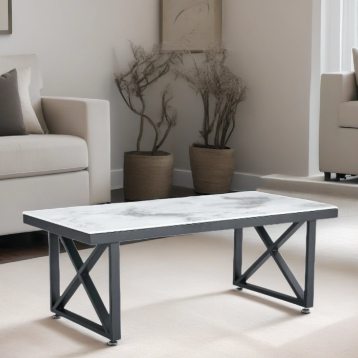 Table Basse Plateau en Marbre Blanc ou Noir avec Pieds Métalliques - Meublei