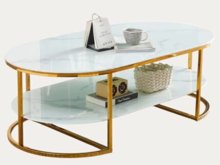 Table basse plateau verre marbré blanc et pieds dorés - Meublei
