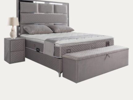 Ensemble de lit coffre en velours gris avec matelas à ressorts - Meublei