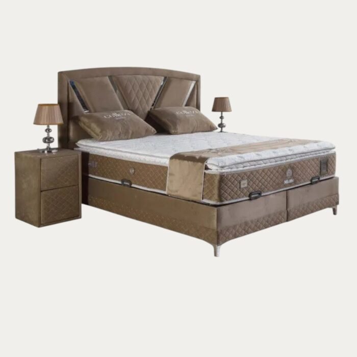 Ensemble de lit coffre en velours taupe avec matelas à ressorts - Meublei