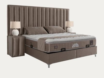 Ensemble de lit coffre couleur velours taupe avec matelas à ressorts - Meublei