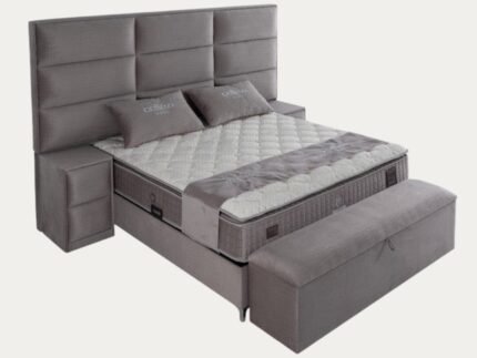 Ensemble de lit coffre en velours gris avec matelas à ressorts - Meublei