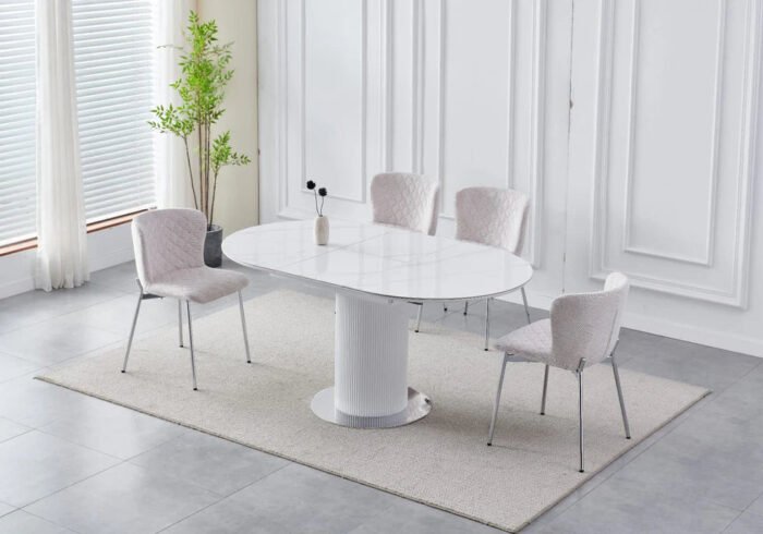 Table à Manger avec Rallonge en Céramique et Piètement en Bois Laqué et Inox - Meublei
