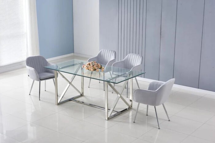 Table a manger en verre trempé et pieds en acier inoxydable - Meublei