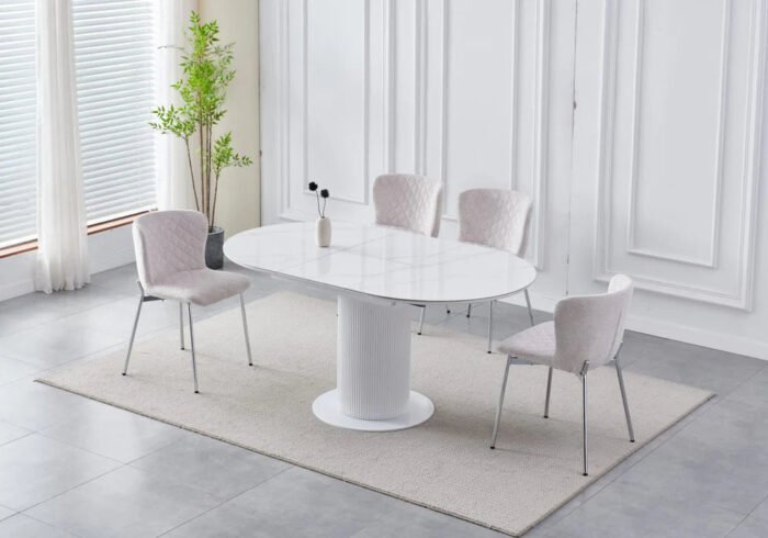Table à Manger avec Rallonge en Céramique et Piètement en Bois Laqué et Inox - Meublei