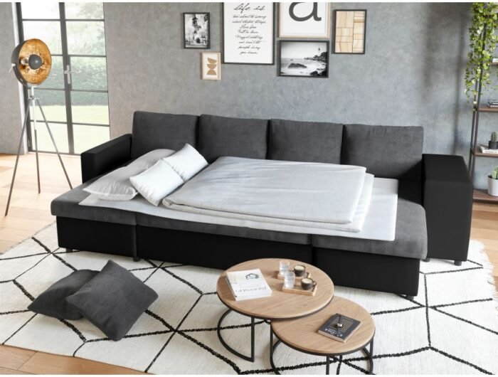 Canapé panoramique U PLUS convertible avec 2 coffres et 2 poufs en simili et microfibre - Meublei