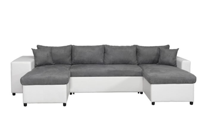 Canapé panoramique U PLUS convertible avec 2 coffres et 2 poufs en simili et microfibre - Meublei