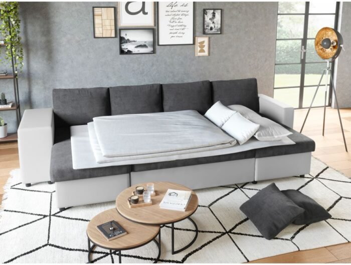 Canapé panoramique U PLUS convertible avec 2 coffres et 2 poufs en simili et microfibre - Meublei