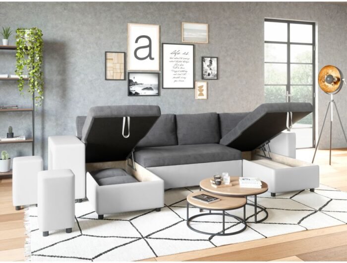 Canapé panoramique U PLUS convertible avec 2 coffres et 2 poufs en simili et microfibre - Meublei