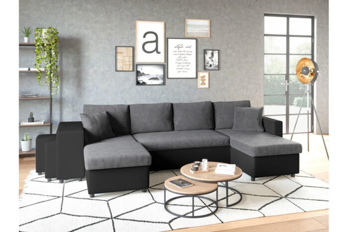 Canapé panoramique U PLUS convertible avec 2 coffres et 2 poufs en simili et microfibre - Meublei
