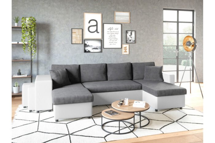Canapé panoramique U PLUS convertible avec 2 coffres et 2 poufs en simili et microfibre - Meublei