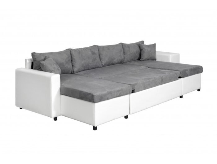 Canapé panoramique U PLUS convertible avec 2 coffres et 2 poufs en simili et microfibre - Meublei