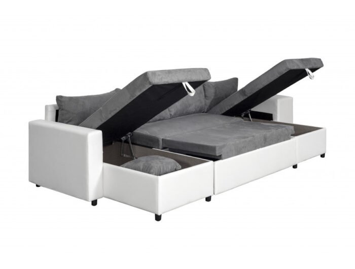 Canapé panoramique U PLUS convertible avec 2 coffres et 2 poufs en simili et microfibre - Meublei