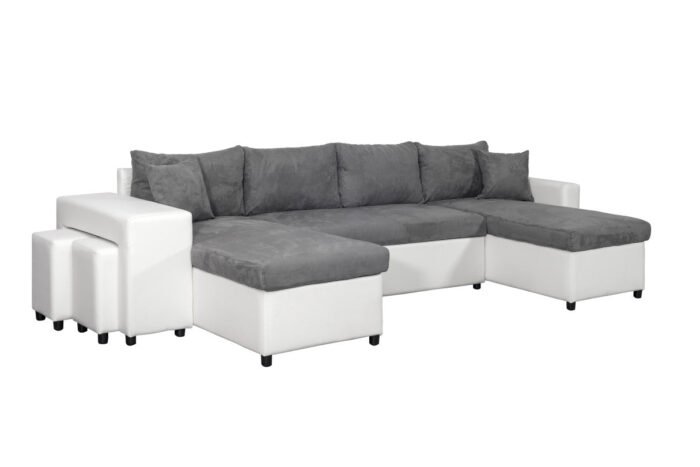 Canapé panoramique U PLUS convertible avec 2 coffres et 2 poufs en simili et microfibre - Meublei