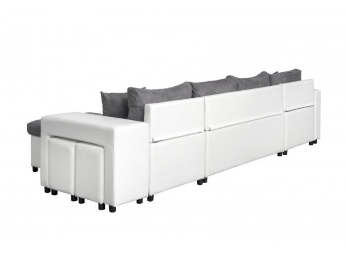 Canapé panoramique U PLUS convertible avec 2 coffres et 2 poufs en simili et microfibre - Meublei