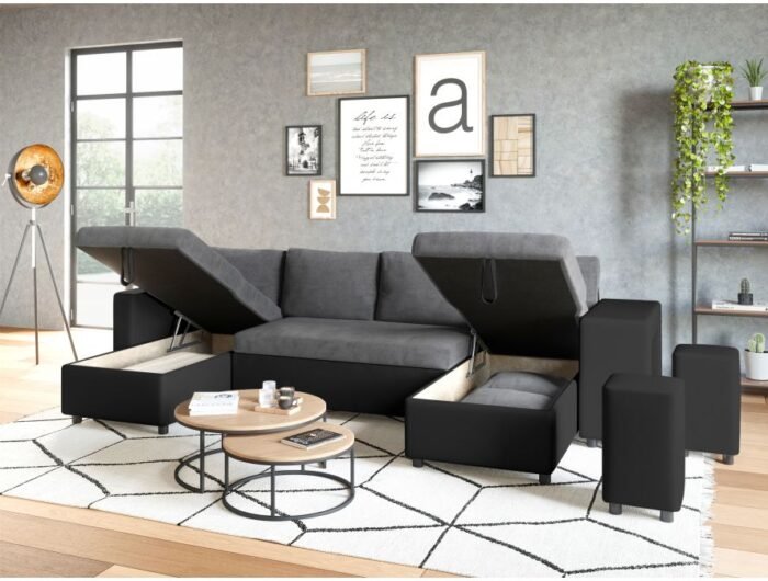 Canapé panoramique U PLUS convertible avec 2 coffres et 2 poufs en simili et microfibre - Meublei