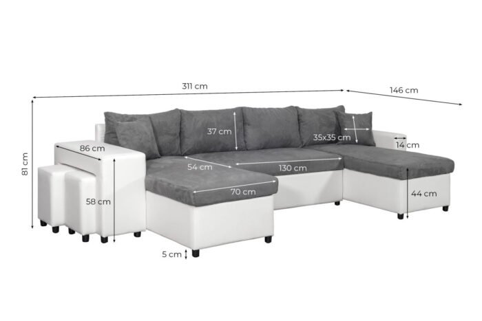 Canapé panoramique U PLUS convertible avec 2 coffres et 2 poufs en simili et microfibre - Meublei