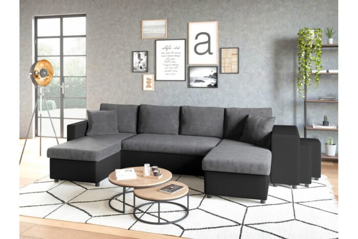 Canapé panoramique U PLUS convertible avec 2 coffres et 2 poufs en simili et microfibre - Meublei