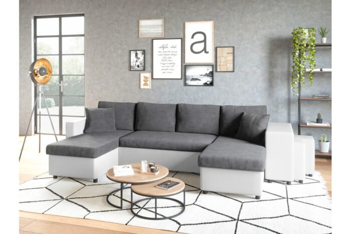 Canapé panoramique U PLUS convertible avec 2 coffres et 2 poufs en simili et microfibre - Meublei