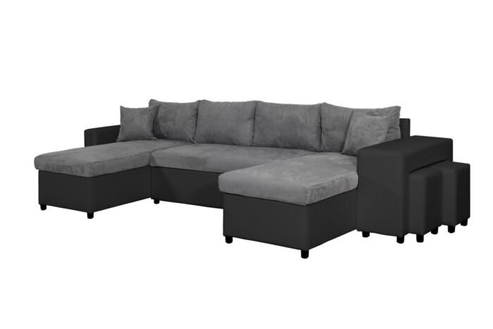 Canapé panoramique U PLUS convertible avec 2 coffres et 2 poufs en simili et microfibre - Meublei