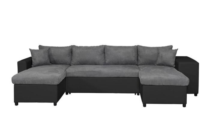 Canapé panoramique U PLUS convertible avec 2 coffres et 2 poufs en simili et microfibre - Meublei